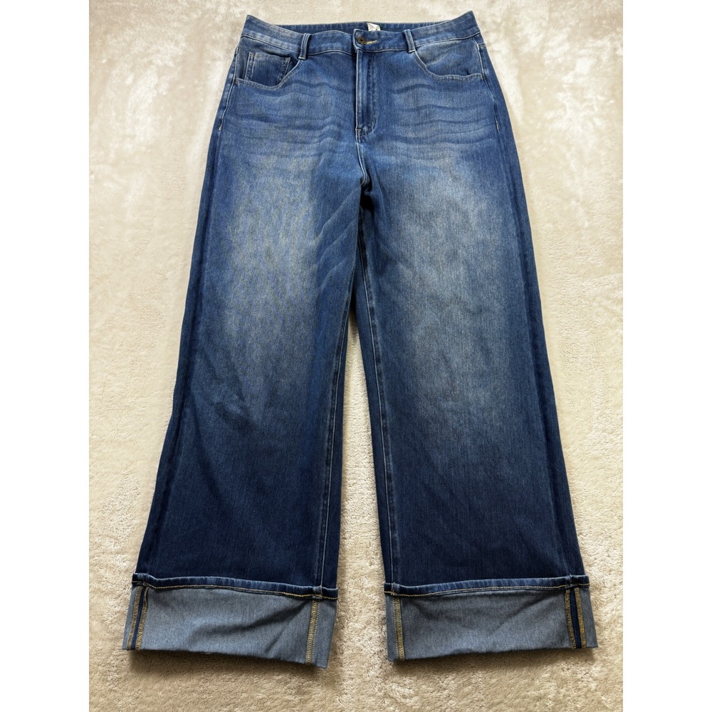 Halara Womens Wide Leg Cuffed Stretch Blue Denim Jeans L Tall Meas: 32x28